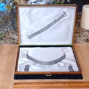 Art Deco Rhinestone Demi Parure Set Necklace Bracelet Earring Set In Jewelry Box